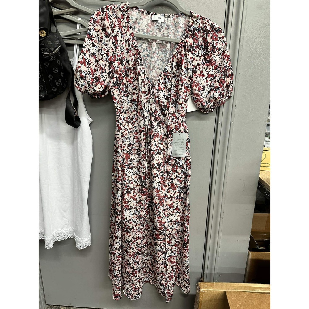 NSR Floral Midi Dress‎ Puff Sleeve Tie Front Cottagecore XS